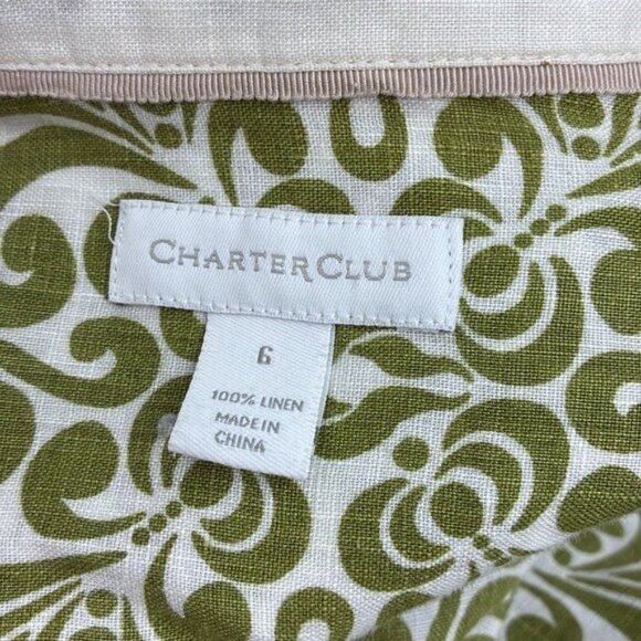 Charter Club Button Front Blouse Womens Size 6 Green White Scroll Print Linen - Picture 6 of 7
